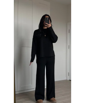 Bisiklet Yaka Yırtmaçlı Kazak Pantolon Triko Takım Siyah