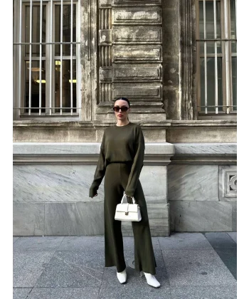 Bisiklet Yaka Yırtmaçlı Kazak Pantolon Triko Takım Haki