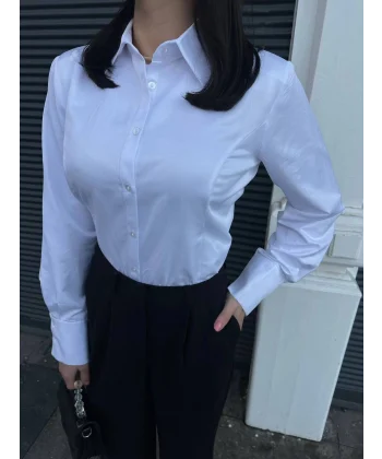 Dik Yaka Vatkalı Poplin Beyaz Gömlek