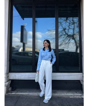 Dik Yaka Vatkalı Poplin Mavi Gömlek