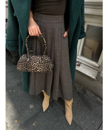 Balıksırtı Pile Detaylı Midi Boy Kaşe Etek Bej/Kahve