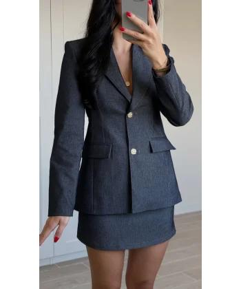 Lacivert Fit Blazer Ceket Etek Denim Takım