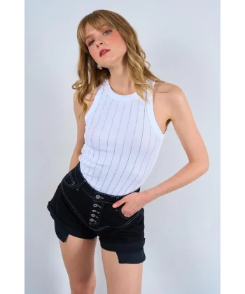 Halter Yaka Taş Baskılı Atlet - Beyaz