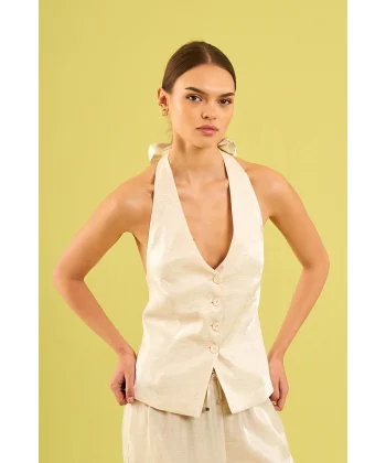 Parlak Boyundan Bağlamalı Yelek - Ekru