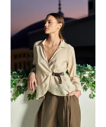 Kemer Detaylı Modal Kumaş Gömlek Bluz-Taş