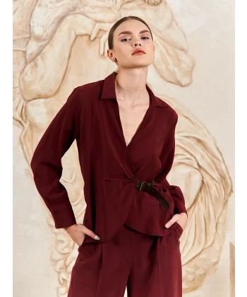 Kemer Detaylı Modal Kumaş Gömlek Bluz-Bordo