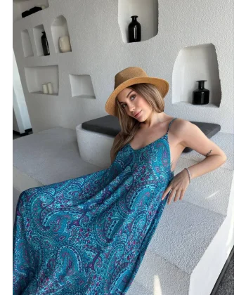 Empirme Askılı Uzun Elbise - Mavi