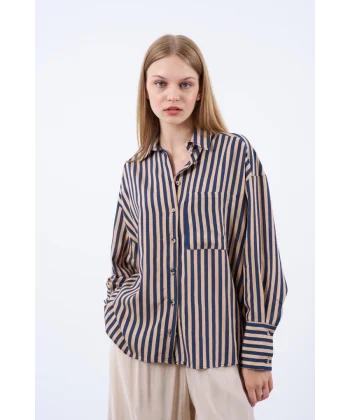 Çizgili Gömlek - Lacivert Camel