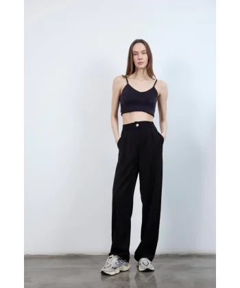 Myra Pileli Gold Düğme Palazzo Pantolon - Siyah