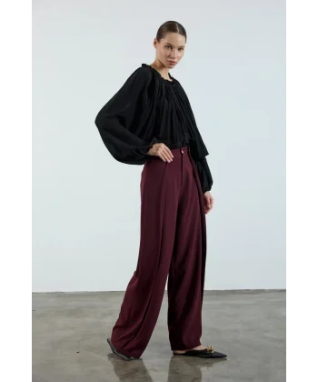 Piliseli Kapak Detay Krep Palazzo Pantolon - Bordo