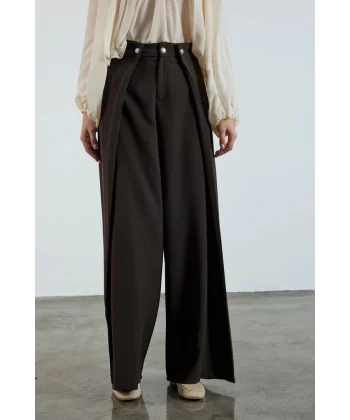 Piliseli Kapak Detay Krep Palazzo Pantolon - Kahve