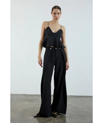 Piliseli Kapak Detay Krep Palazzo Pantolon - Siyah