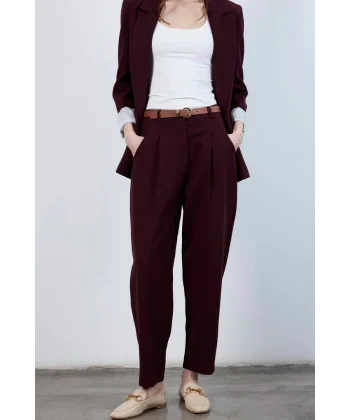 Yüksek Bel Kemerli Havuç Pantolon Mürdüm