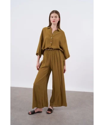 Keten Gömlek Pantolon Takım Taba