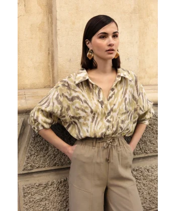 Düşük Omuz Desenli Modal Gömlek - Yeşil