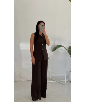 Gold Düğme Yelek Pantolon Takım - Kahve