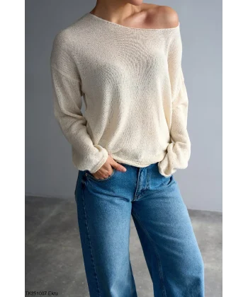 Kayık Yaka Merserize İnce Triko-Ekru