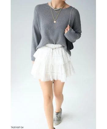 Kayık Yaka Merserize İnce Triko-Gri