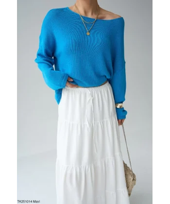Kayık Yaka Merserize İnce Triko-Mavi