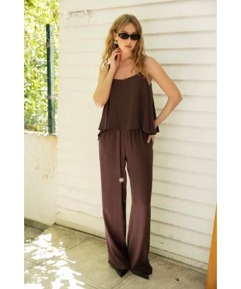 Premium Serisi Askılı Bluz Pantolon Takım-Mürdüm