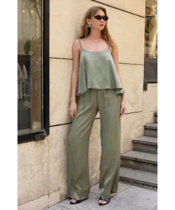 Premium Serisi Askılı Bluz Pantolon Takım-Haki