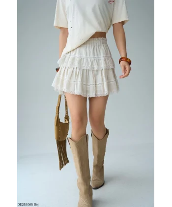 Dantel Detay Pileli Mini Şort Etek-Ekru