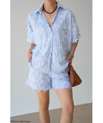 İplik Detay Şort Gömlek Takım-Mavi Beyaz
