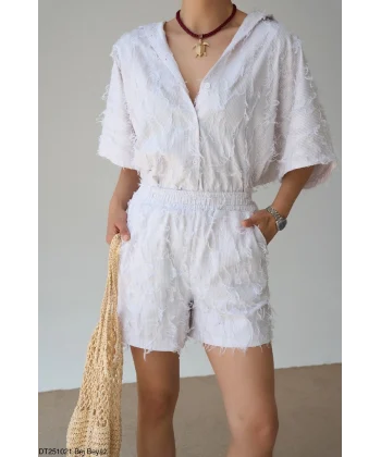 İplik Detay Şort Gömlek Takım-Bej Beyaz