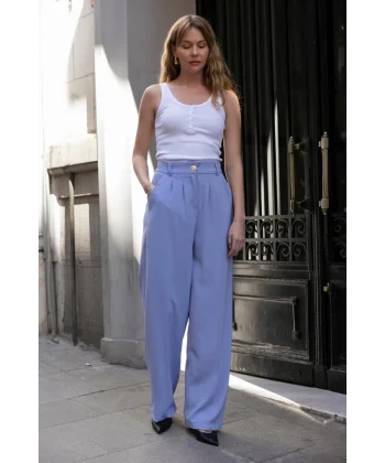 Gold Düğme Pileli Palazzo Pantolon-Mavi