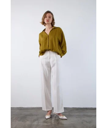 Gold Düğme Pileli Palazzo Pantolon-Beyaz