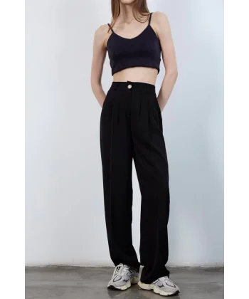 Gold Düğme Pileli Palazzo Pantolon-Siyah