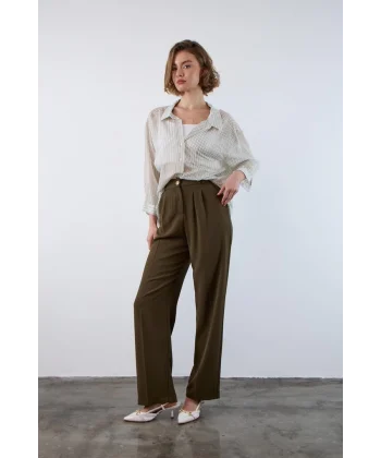 Gold Düğme Pileli Palazzo Pantolon-Haki