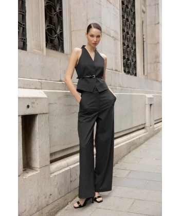 Çizgili Yelek Pantolon Takım-Siyah