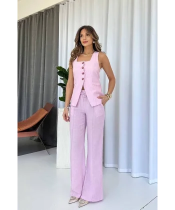 Keten Yelek Pantolon Takım-Pembe