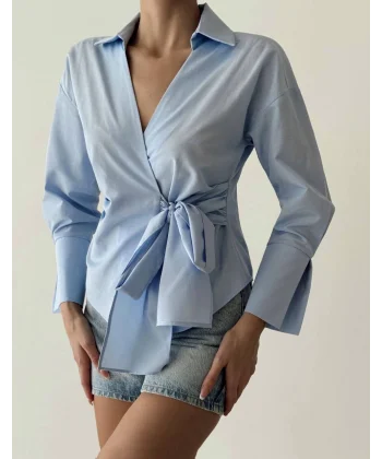 Bağlama Detaylı Kruvaze Bluz Gömlek-Mavi