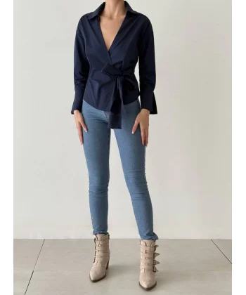 Bağlama Detaylı Kruvaze Bluz Gömlek-Lacivert