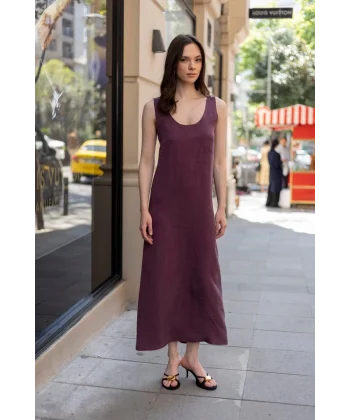 Modal Kolsuz Uzun Elbise-Bordo