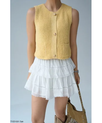 Gold Düğme Triko Yelek-Sarı