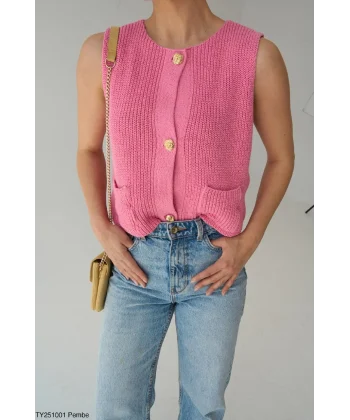 Gold Düğme Triko Yelek-Pembe
