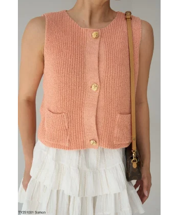 Gold Düğme Triko Yelek-Somon