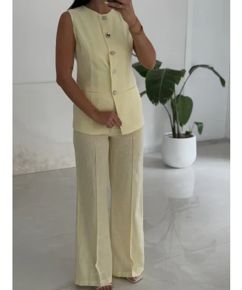Karma Düğme Keten Yelek Pantolon Takım-Sarı