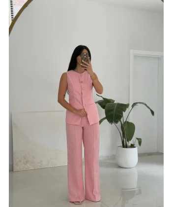 Karma Düğme Keten Yelek Pantolon Takım-Pembe