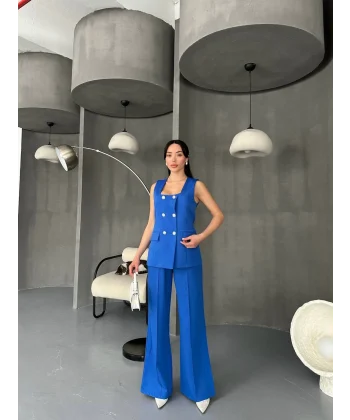 TAŞ DÜĞME MAVİ YELEK PANTOLON TAKIM 