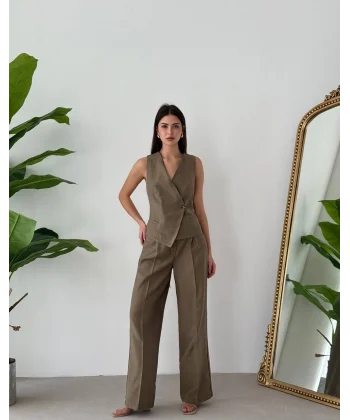 Bağcıklı Sırtı Açık Keten Yelek Pantolon Takım-Vizon