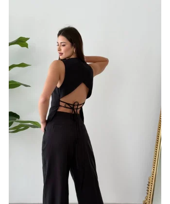 Bağcıklı Sırtı Açık Keten Yelek Pantolon Takım-Siyah