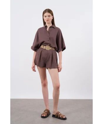 Premium Seri Keten Şort Gömlek Takım-Kahve