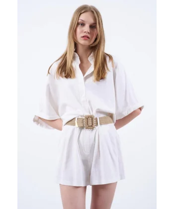 Premium Seri Keten Şort Gömlek Takım-Beyaz