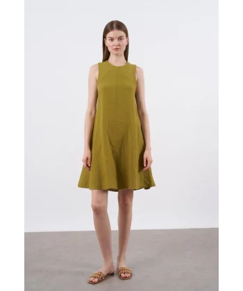 Premium Seri Sıfır Kol Keten Elbise-Yağ yeşili
