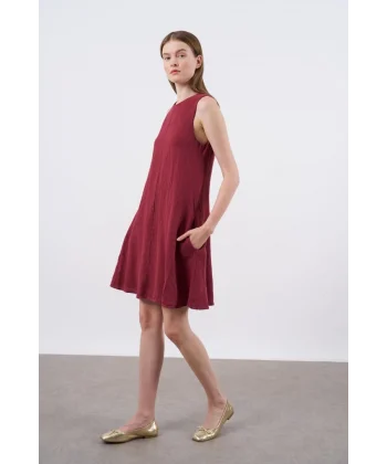 Premium Seri Sıfır Kol Keten Elbise-Bordo