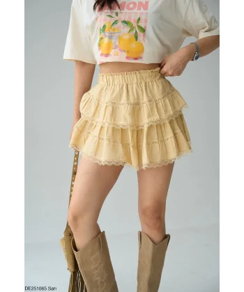 Dantel Detay Pileli Mini Şort Etek-Sarı